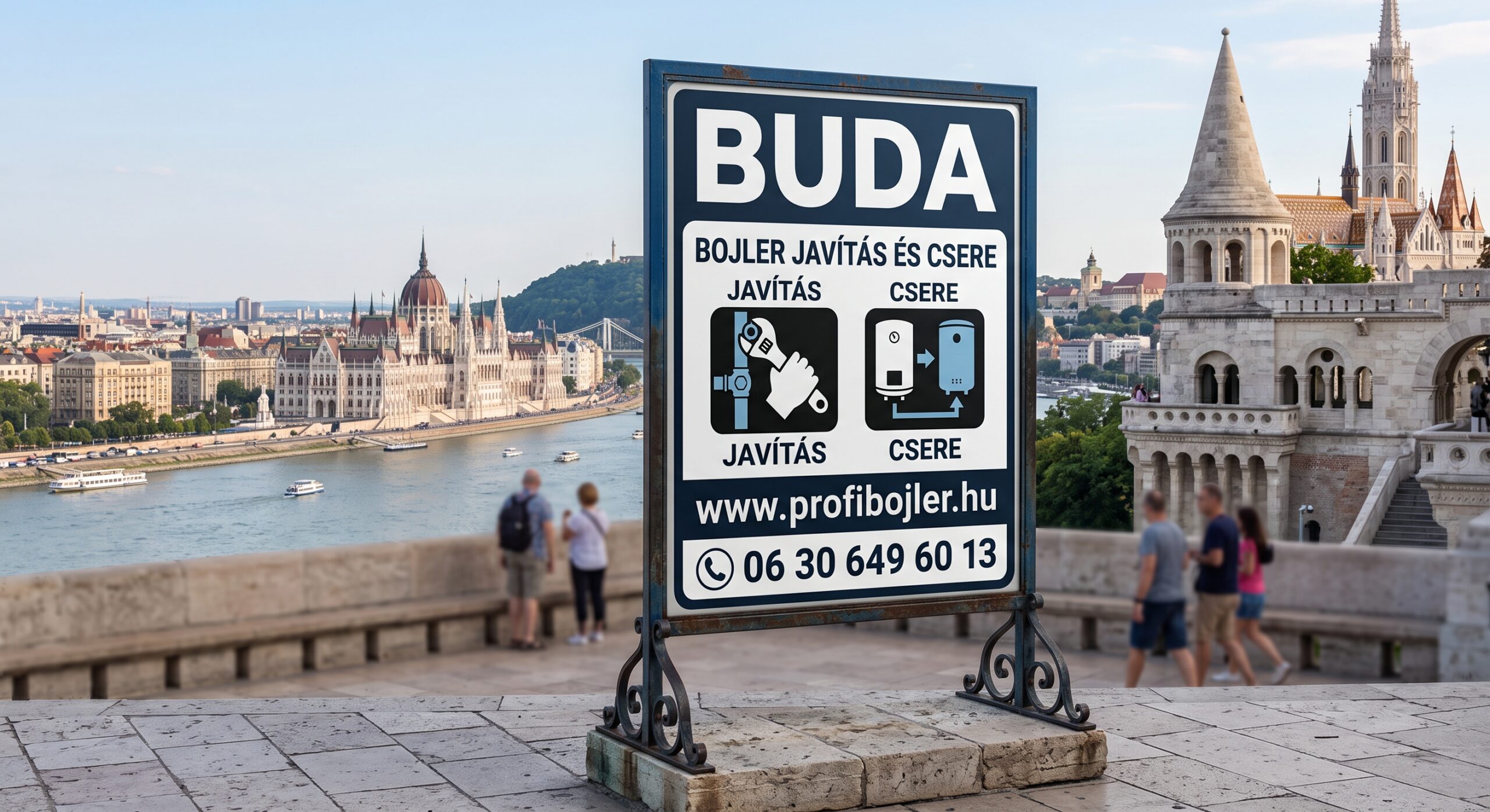 Bojler javítás és csere tábla Budán a Halászbástyán – Profibojler.hu budai villanybojler szerelés